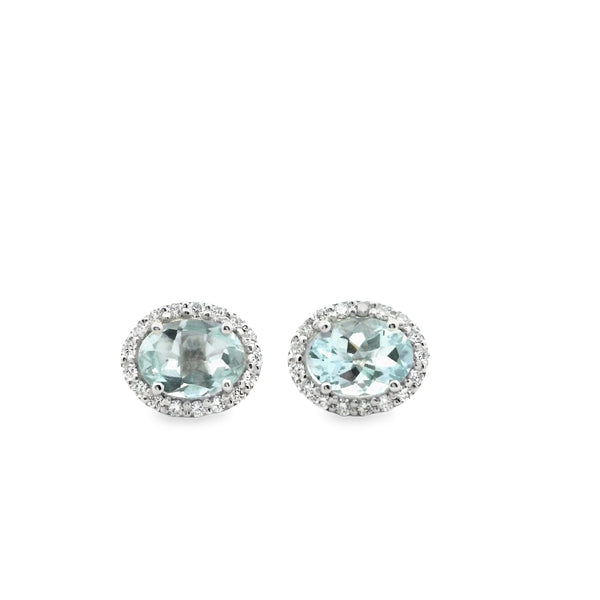 Aquamarine Oval with Diamond Halo Earrings