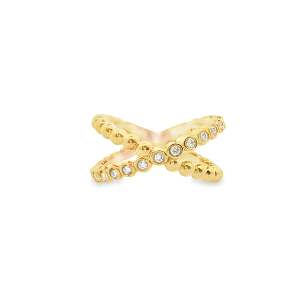 Crossed Diamond ring with gold beads