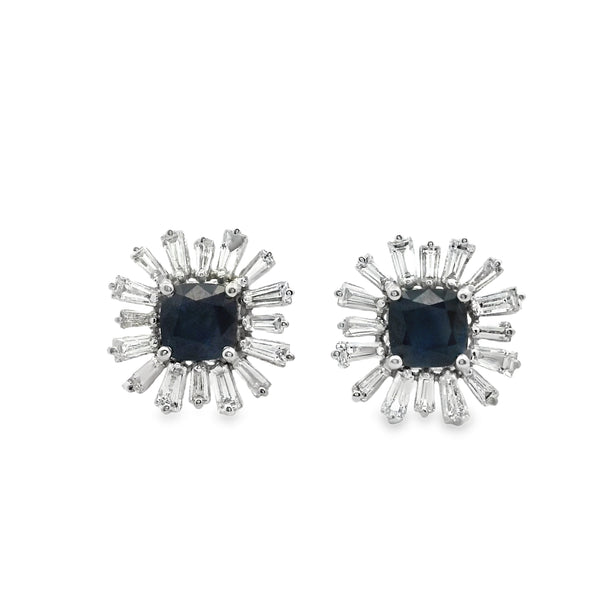 Cushion Sapphire Earrings with Baguette Diamond Halo