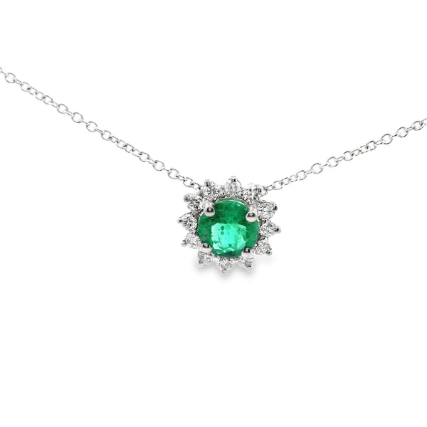 Emerald Round Medium Pendant with Diamond VIntage Halo