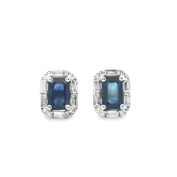 Sapphire Rectangular Earrings with Baguette Diamond Halo