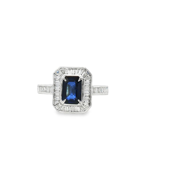 Rectangular Sapphire with Baguette Diamonds Halo